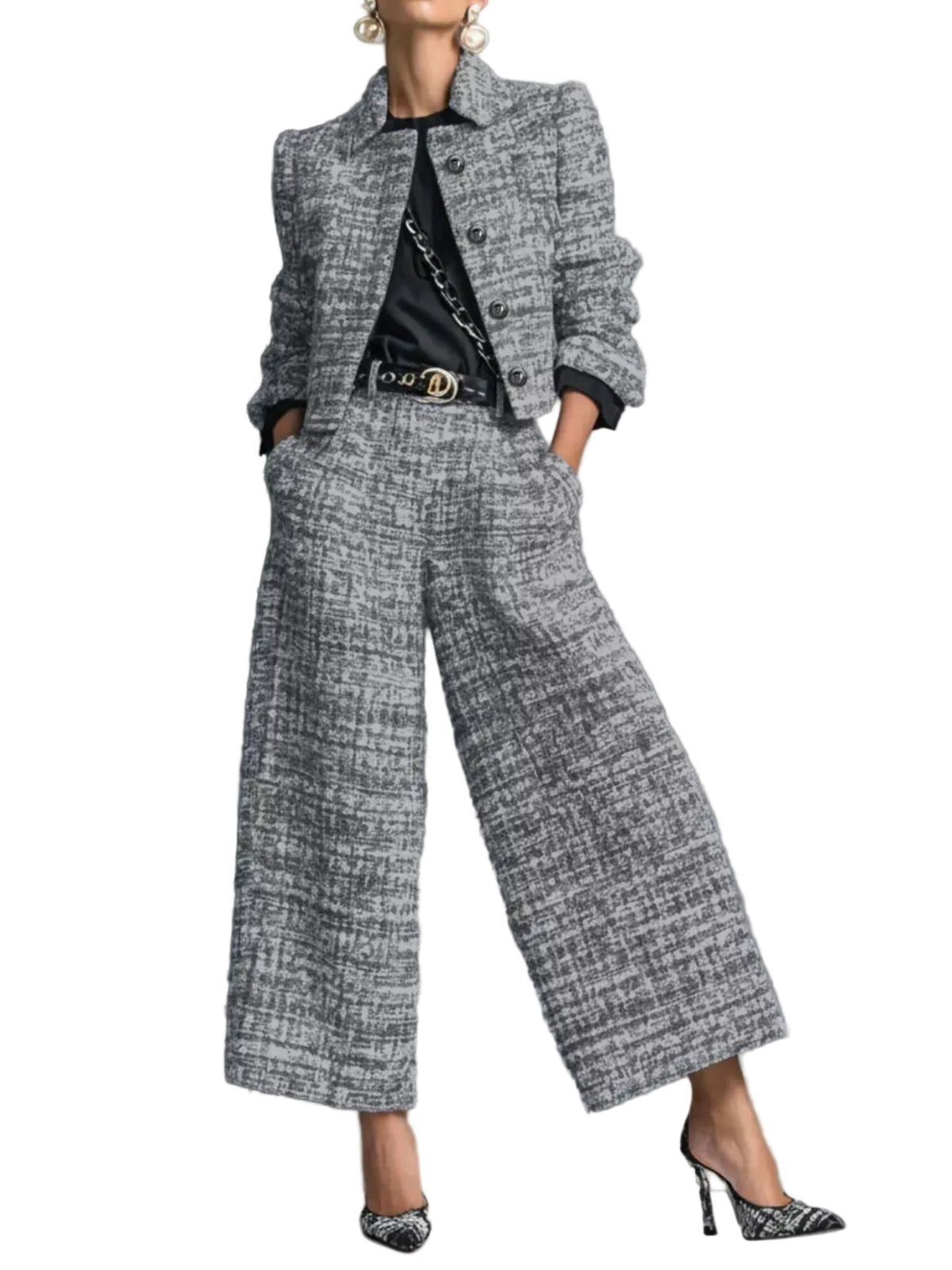 Model wearing a gray textured cropped jacket and matching wide-leg cropped pants, front view.