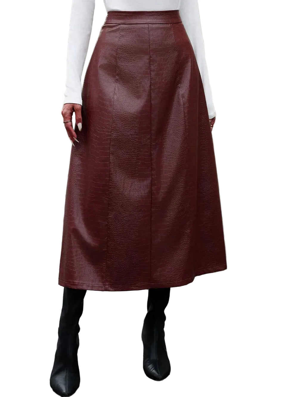 Model wearing a burgundy textured high-waist A-line midi skirt, front view.