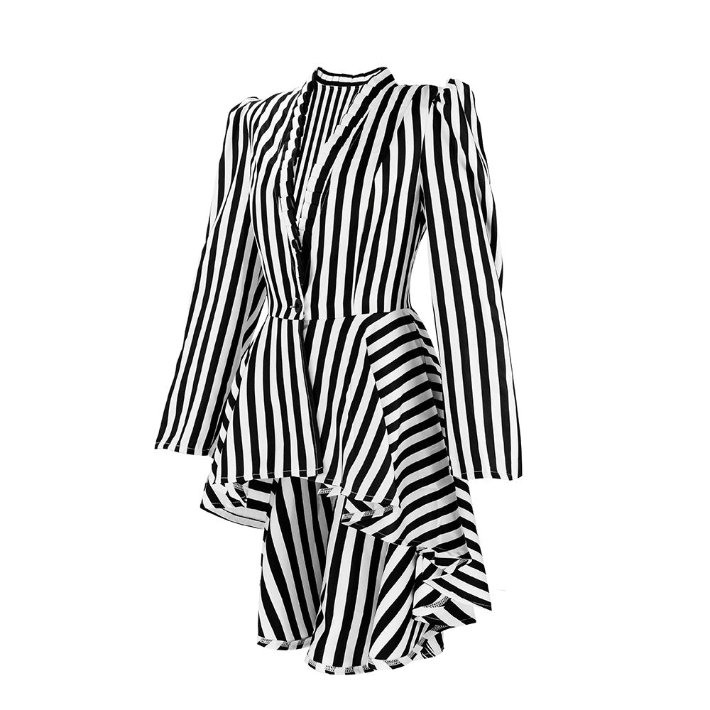 Angled view of a black and white striped tailcoat showing the fitted waist and flowing high-low hem.