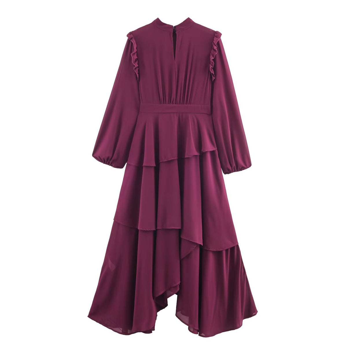 Back view of a burgundy tiered asymmetric dress with a keyhole neck opening and gathered waist.