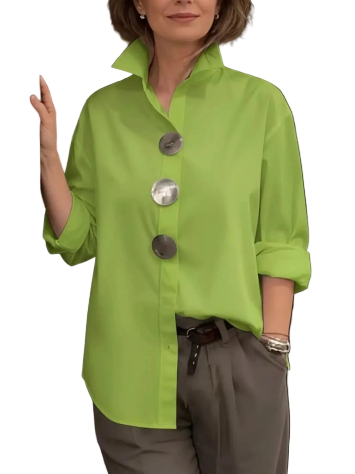 Model wearing a lime green collared shirt with oversized metal buttons and rolled sleeves, front view.