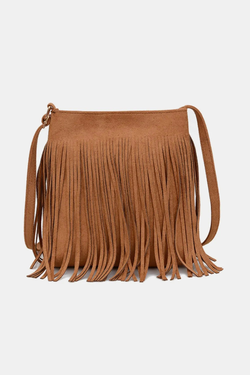 Tan rectangular shoulder bag with long fringe across the front and a slim strap, front view.