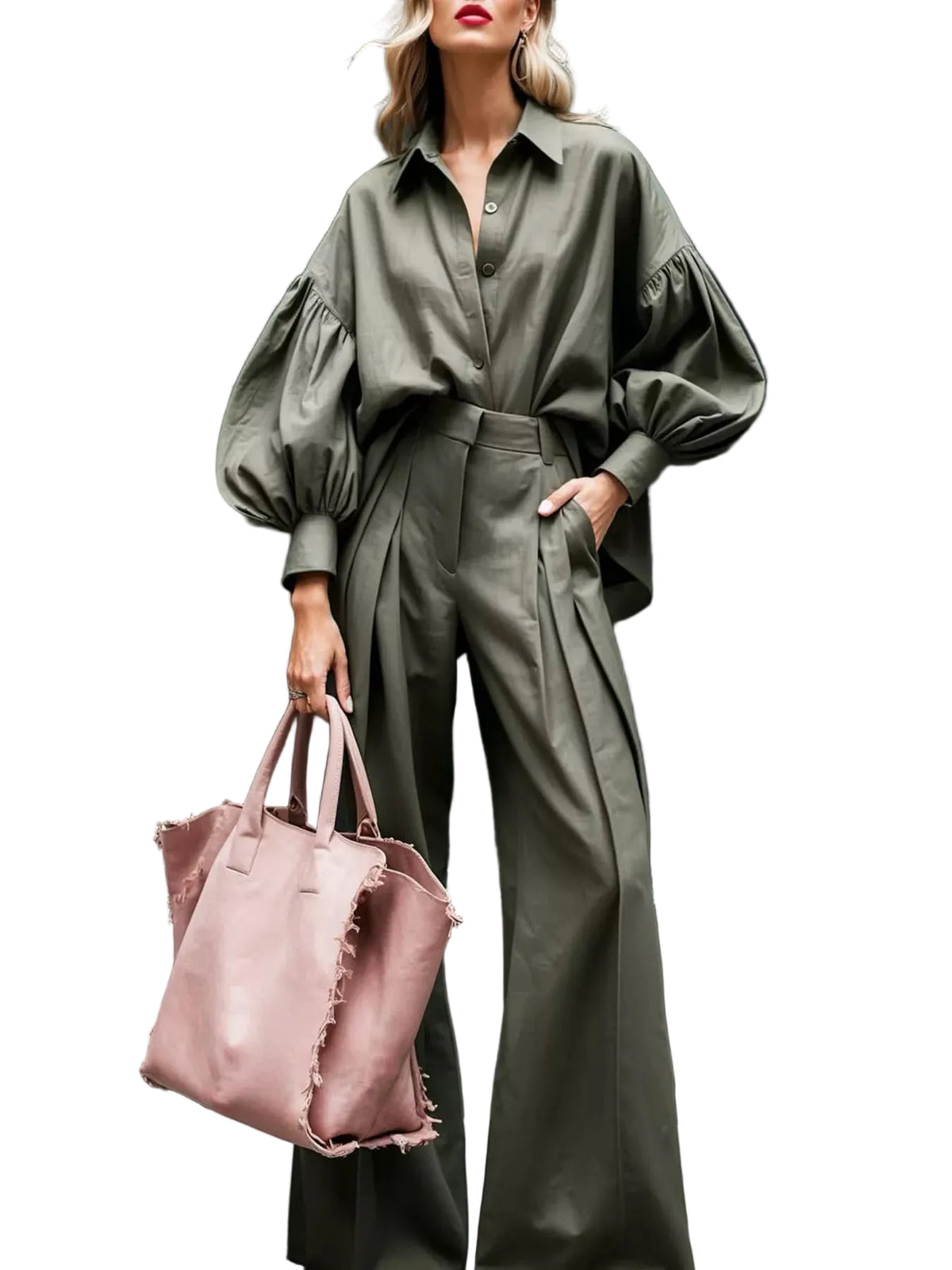 Model wearing an olive collared balloon-sleeve shirt and matching pleated wide-leg pants, front view.
