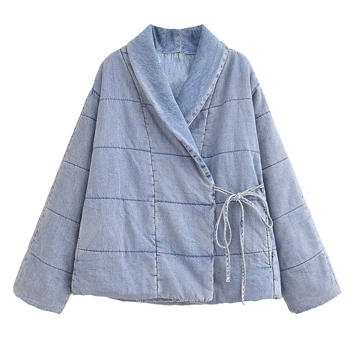 Light blue quilted wrap jacket with a shawl collar, horizontal stitching, and side ties, front view.