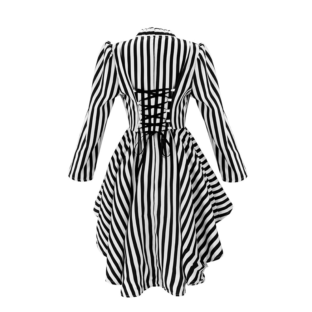 Back view of a black and white striped tailcoat with lace-up waist detail and a long flowing hem.