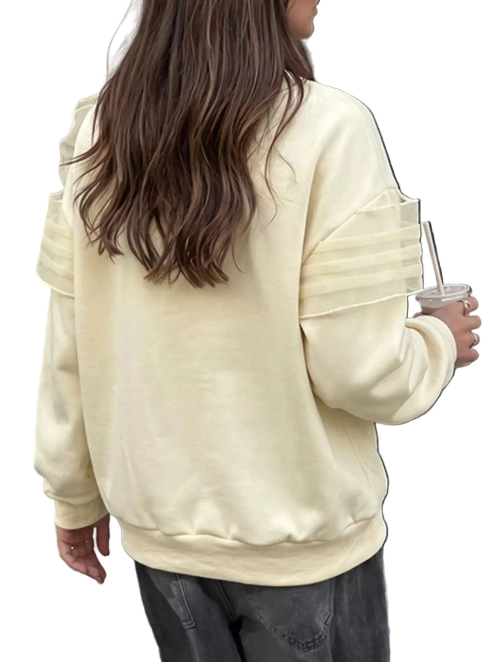 Back view of a cream sweatshirt with layered sheer ruffles around the shoulders.