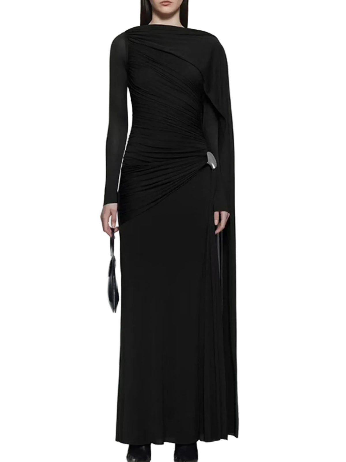 Model wearing a black long-sleeve ruched gown with a draped shoulder panel and silver hip accent, front view.