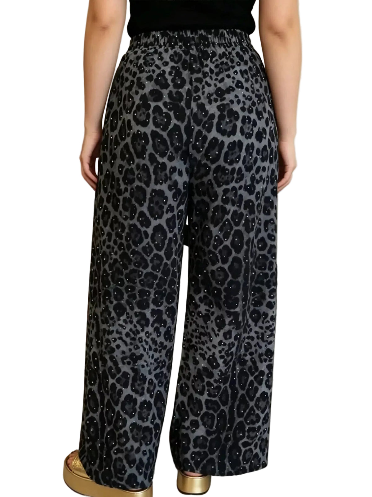 Back view of gray and black leopard-print wide-leg pants with a gathered elastic waist and sparkling dots.