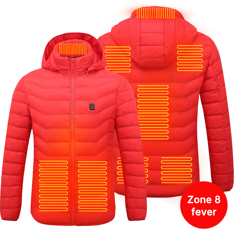 Red hooded jacket front and back views with illustrated orange heating zones.