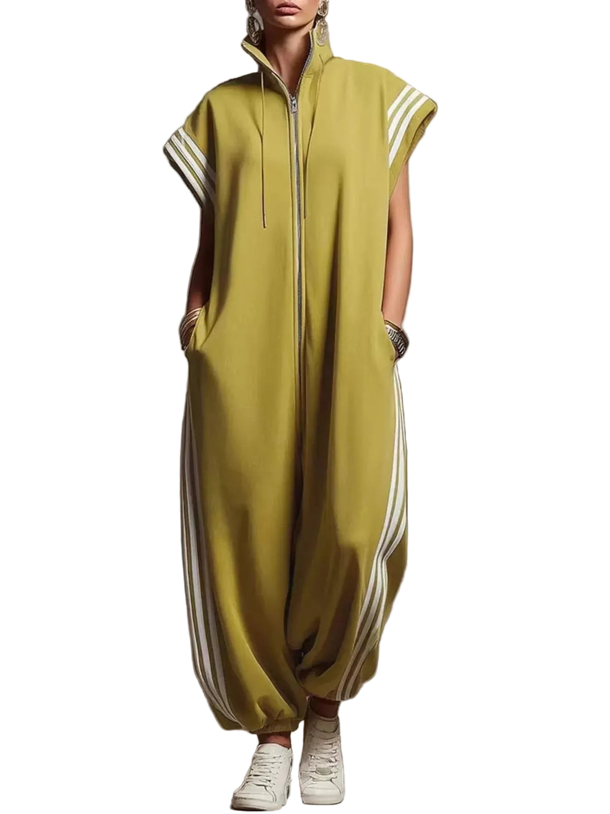 Model wearing a mustard zip-front jumpsuit with white side stripes, a stand collar, and gathered hems, front view.