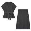 Charcoal V-neck belted short-sleeve top and matching straight skirt, product view.