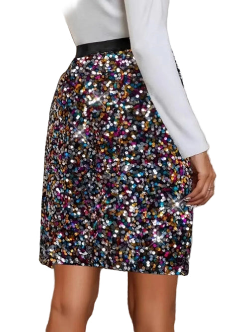 Back view of a multicolor sequin mini skirt with a black waistband.