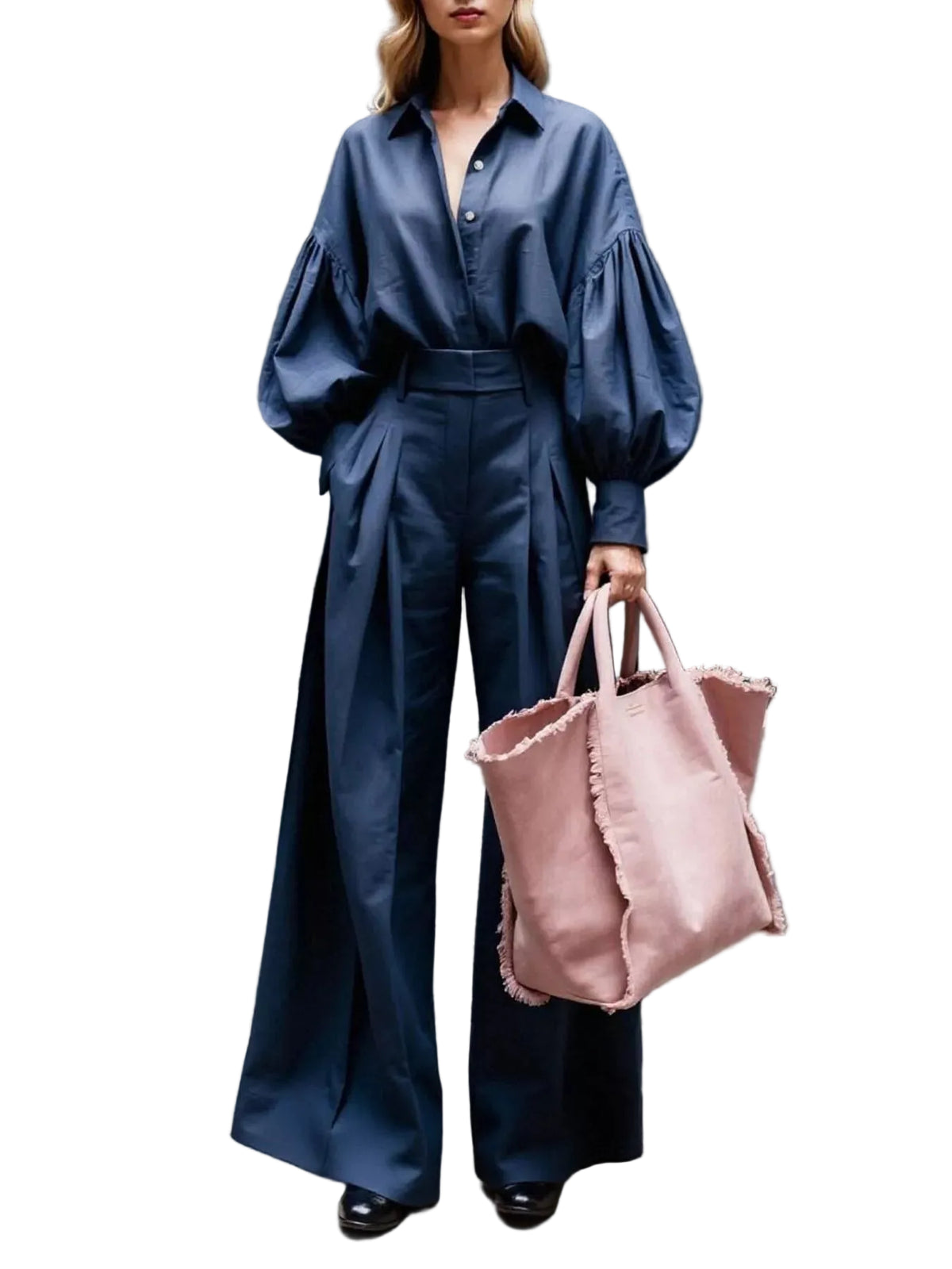 Model wearing a blue collared balloon-sleeve shirt and matching pleated wide-leg pants, front view.