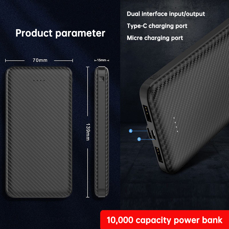 Black power bank specification diagram showing front, side, and charging-port views with supplier labels.