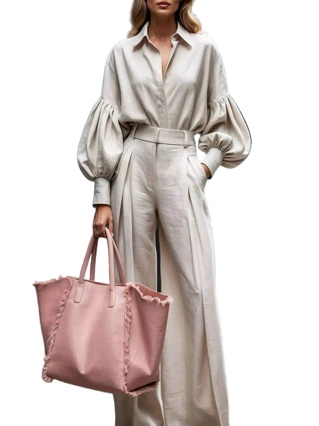 Model wearing a beige collared balloon-sleeve shirt and matching pleated wide-leg pants, front view.