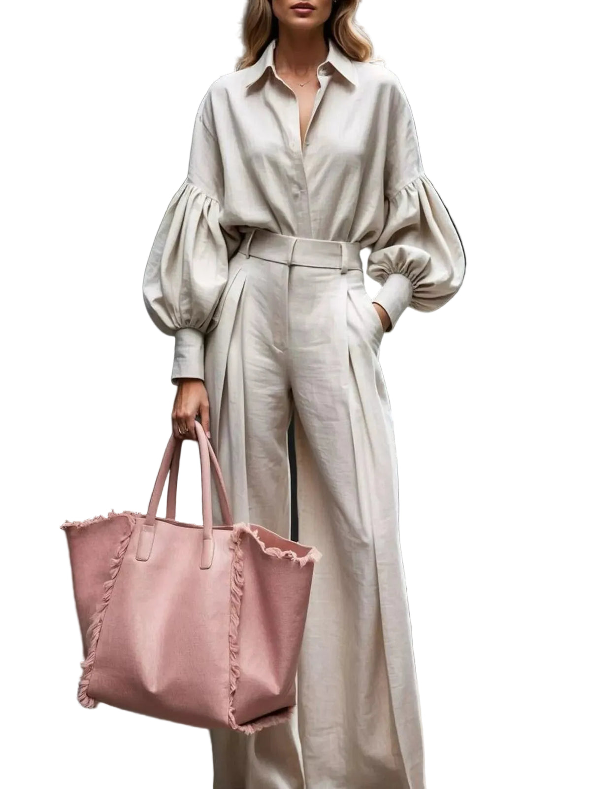 Model wearing a beige collared balloon-sleeve shirt and matching pleated wide-leg pants, front view.