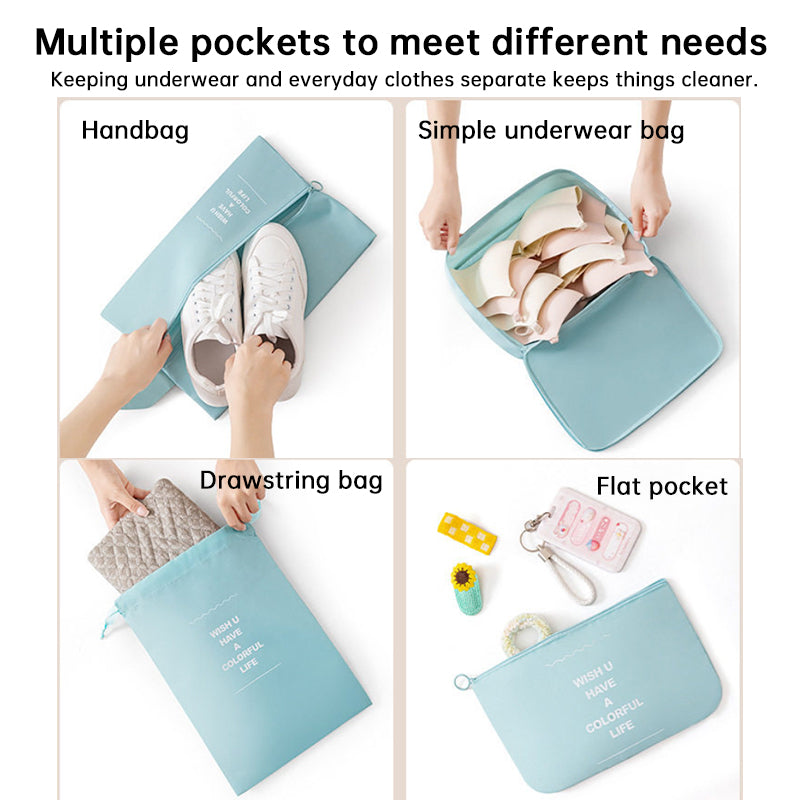 Four-panel diagram showing mint travel bags holding shoes, underwear, folded clothing, and small accessories.