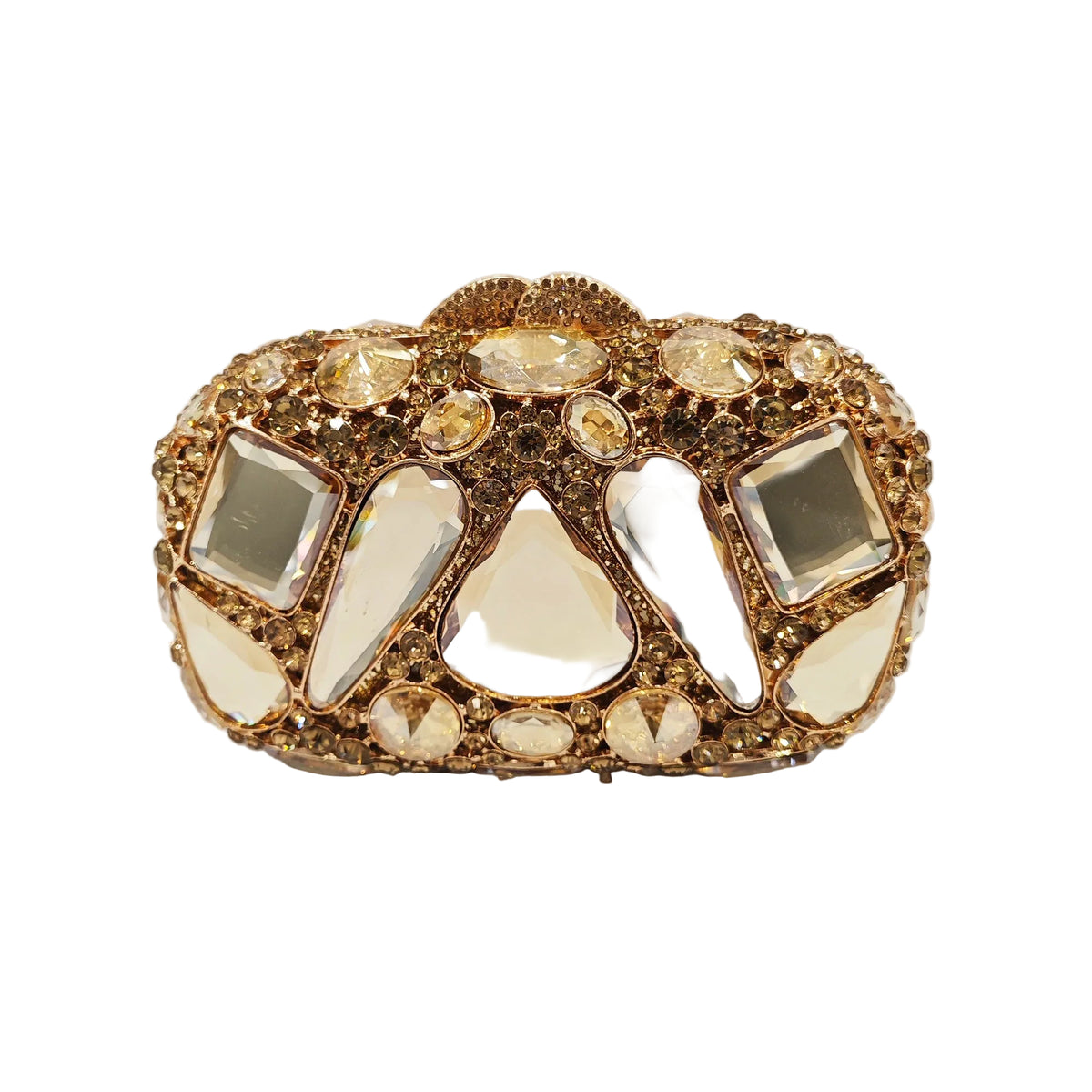 Gold-tone oval clutch covered in large clear faceted stones and smaller gold-tone stones, front view.