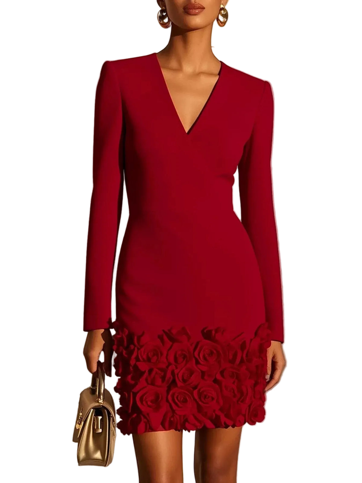 Model wearing a red long-sleeve V-neck mini dress with raised roses covering the lower skirt, front view.