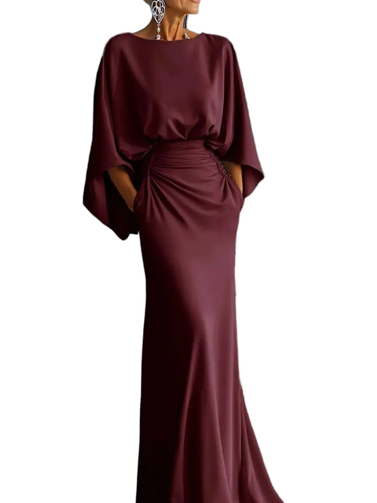 Model wearing a burgundy gown with wide draped sleeves, a ruched waist, and a flared floor-length skirt.
