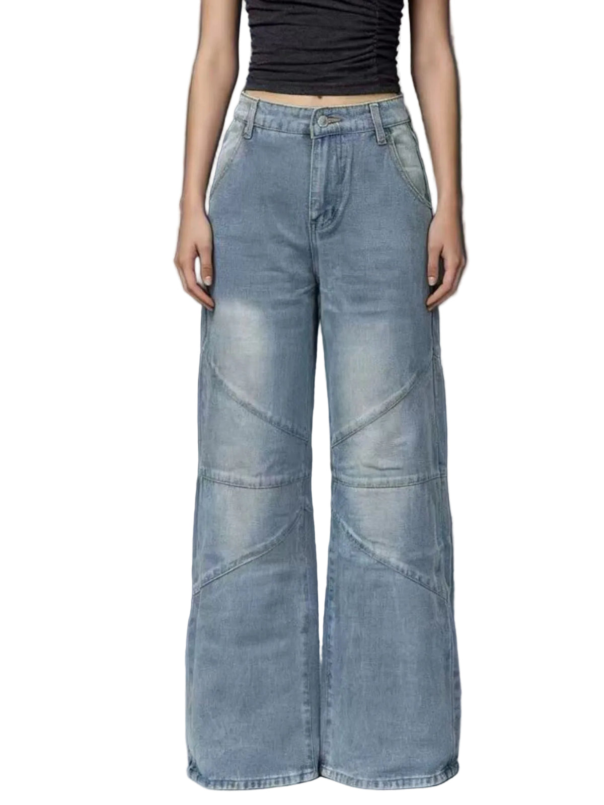 Model wearing light blue wide-leg jeans with faded panels and curved leg seams, front view.