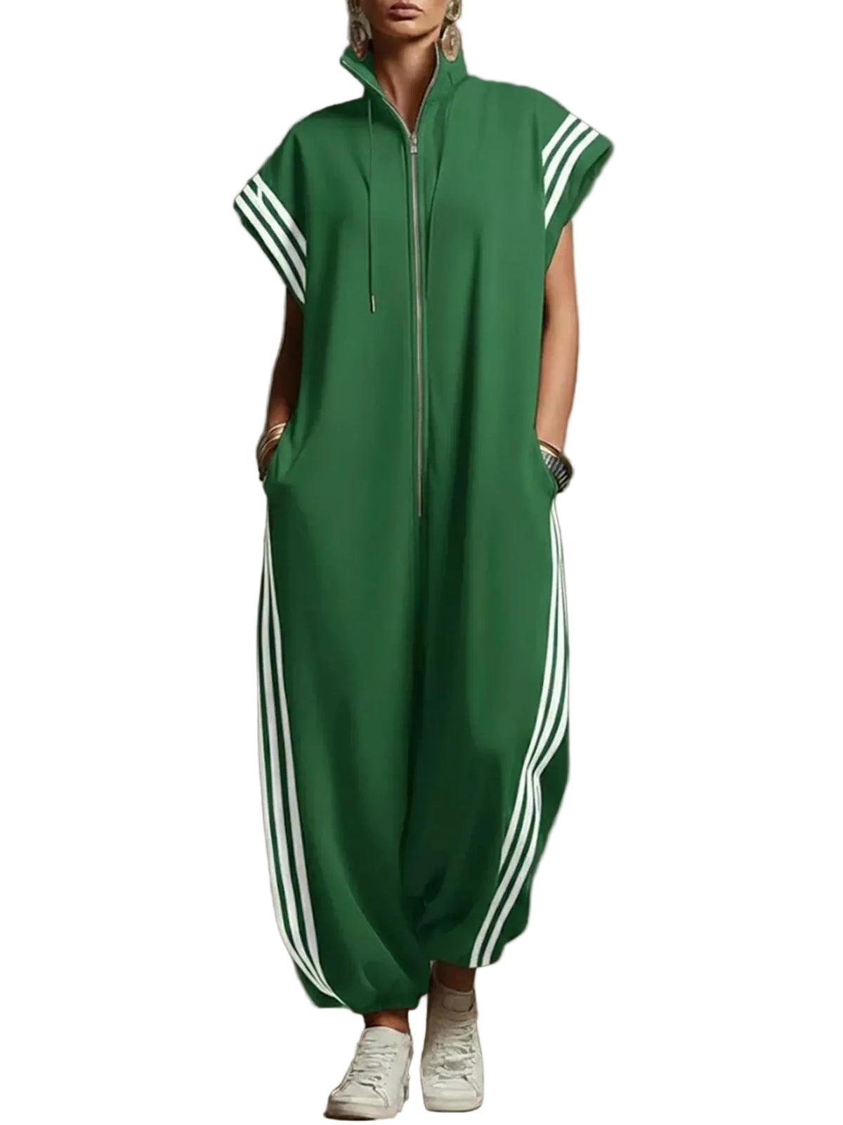 Model wearing a green zip-front jumpsuit with white side stripes, a stand collar, and gathered hems, front view.