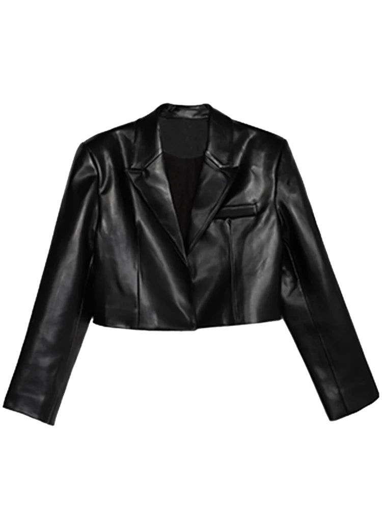 Black shiny cropped jacket with notched lapels, long sleeves, and a chest pocket, front view.