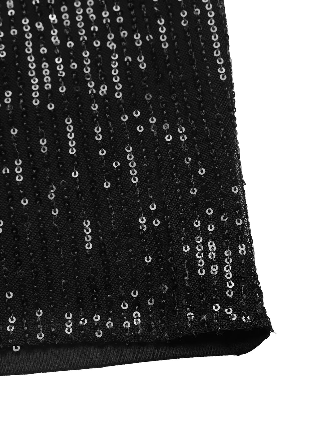 Close-up of black sequin pants showing the hem and lining.