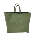Olive green rectangular tote with wrapped top handles, vertical seams, and a suede-like finish, front view.