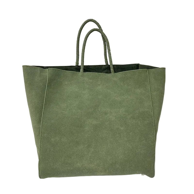 Olive green rectangular tote with wrapped top handles, vertical seams, and a suede-like finish, front view.
