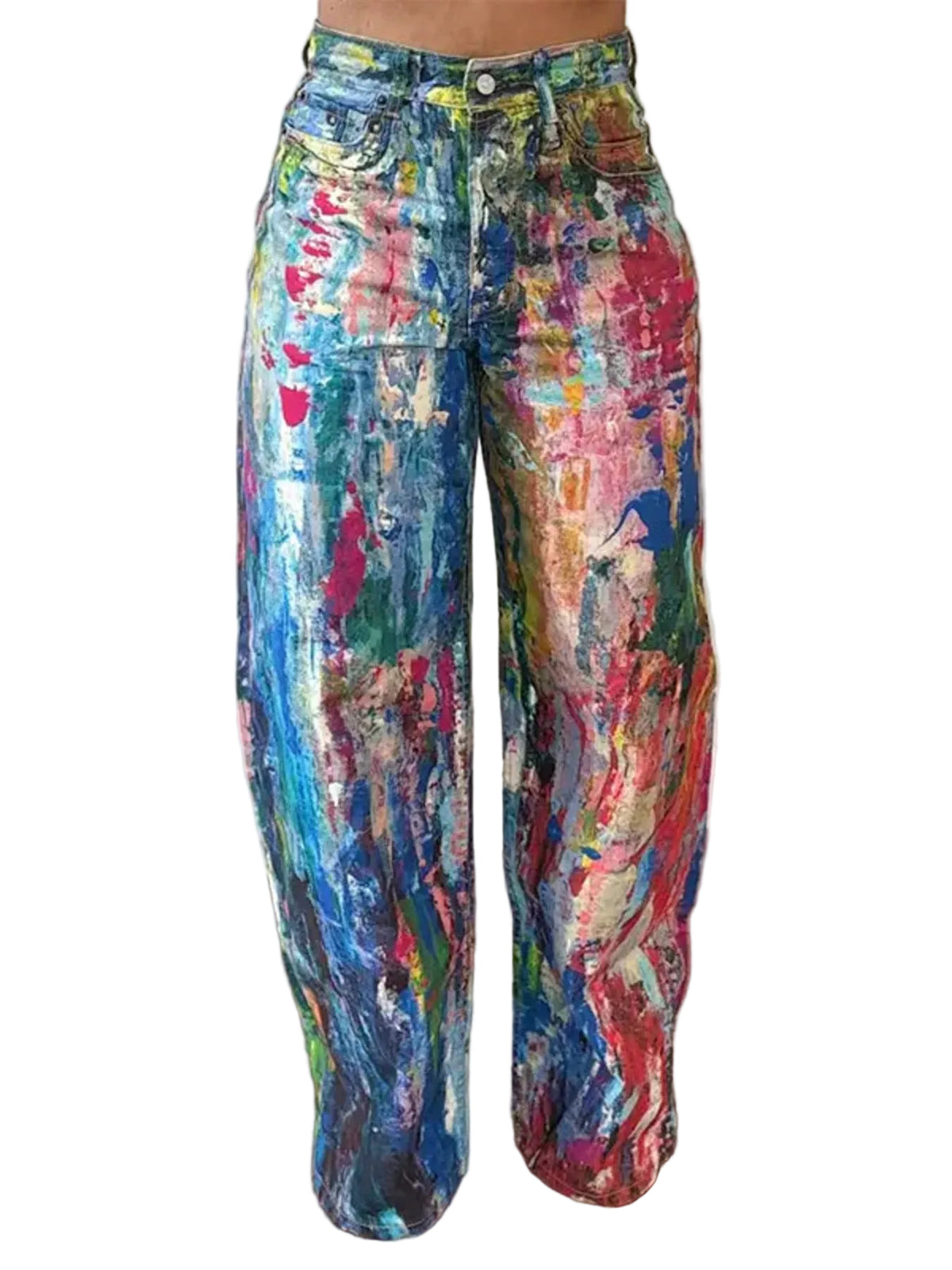 Model wearing multicolor abstract paint-print wide-leg pants with front patch pockets and a button waist, front view.