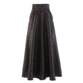 Black A-line skirt with a wide waistband and raised diamond pattern, front view.