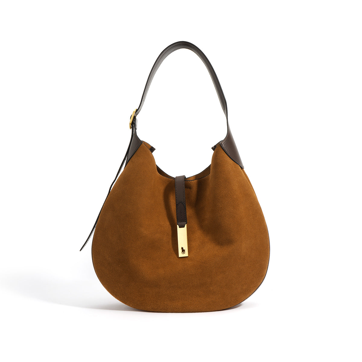 Tan rounded shoulder bag with a dark adjustable strap and rectangular gold-tone front clasp, front view.