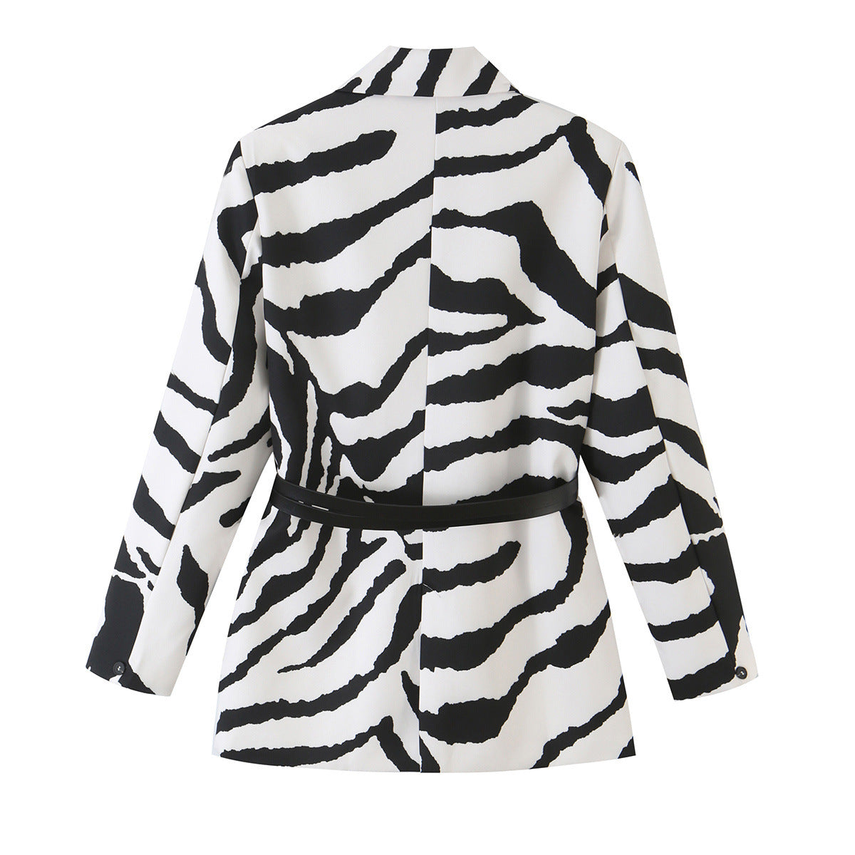Back view of a black and white zebra-print blazer with a black waist strap and cuff buttons.