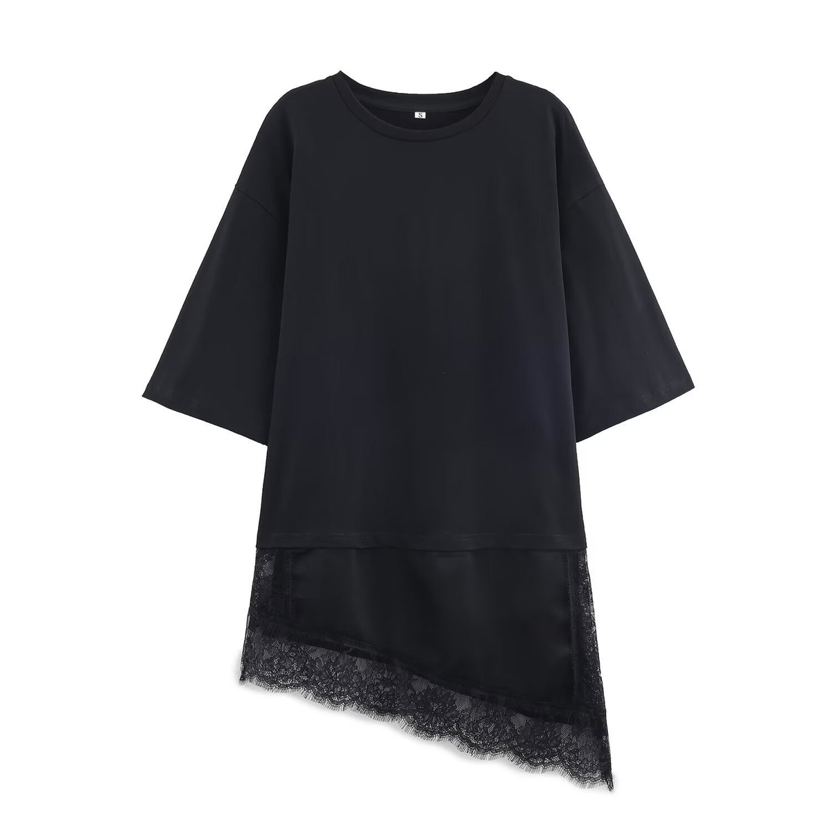 Black short-sleeve crewneck T-shirt with an asymmetric sheer lace-trimmed hem, front view.