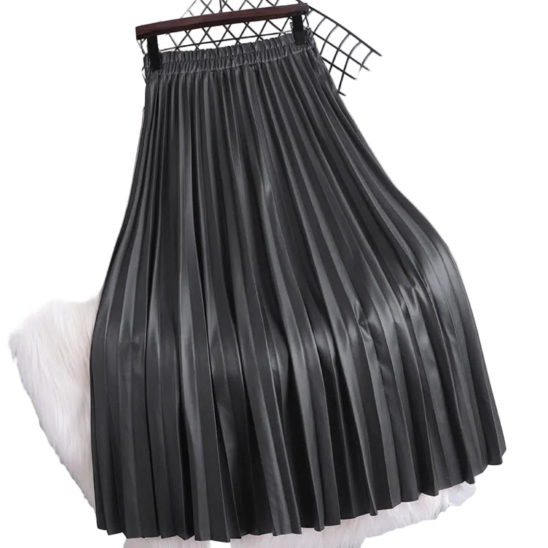 Black pleated midi skirt with a gathered elastic waistband, hanging view.