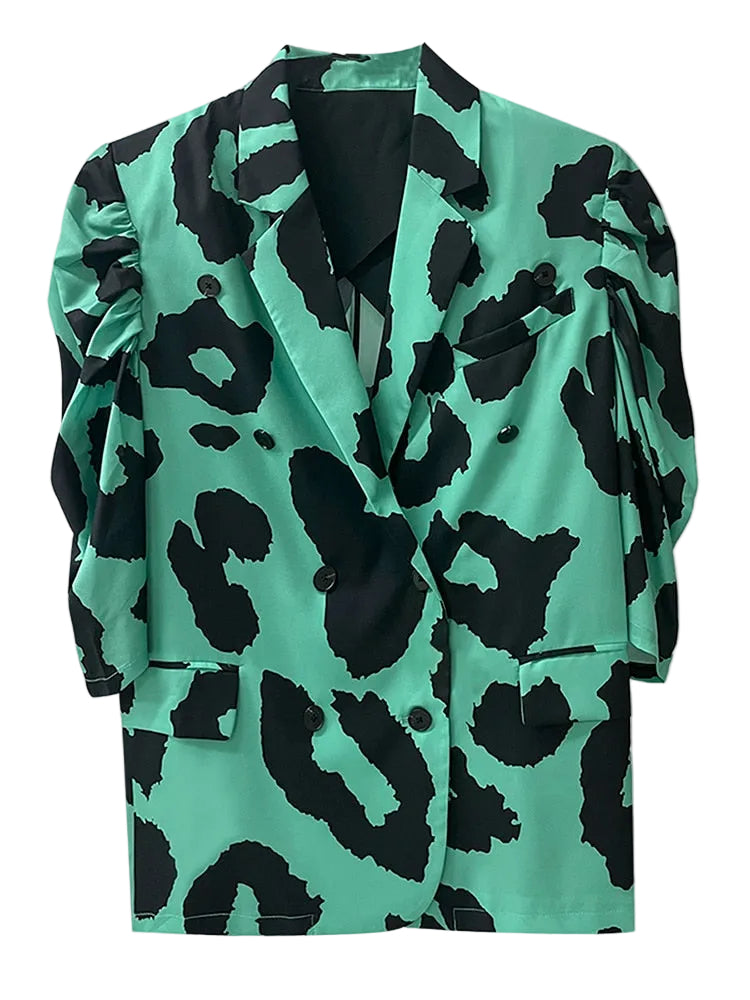 Jade green and black animal-print blazer with notched lapels and gathered puff sleeves, front view.