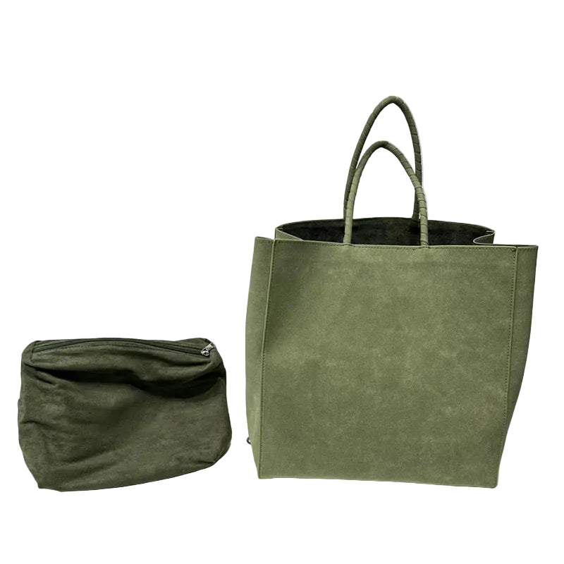 Olive green tote with wrapped handles displayed beside a matching removable zippered pouch.
