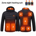 Black padded hooded jacket front and back diagrams with eight marked heating areas and control icons.