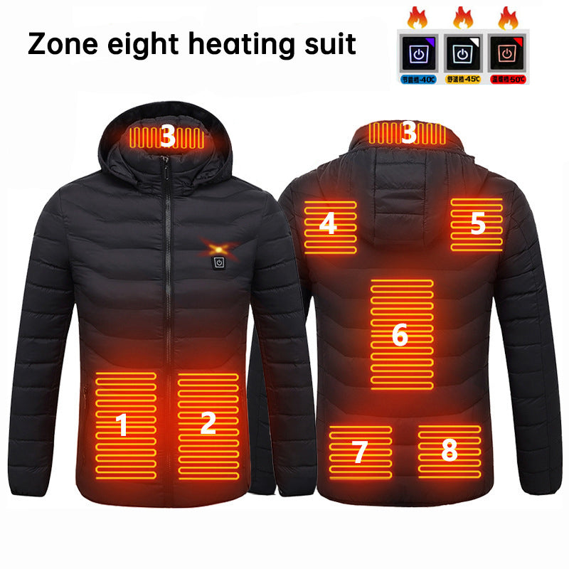 Black padded hooded jacket front and back diagrams with eight marked heating areas and control icons.