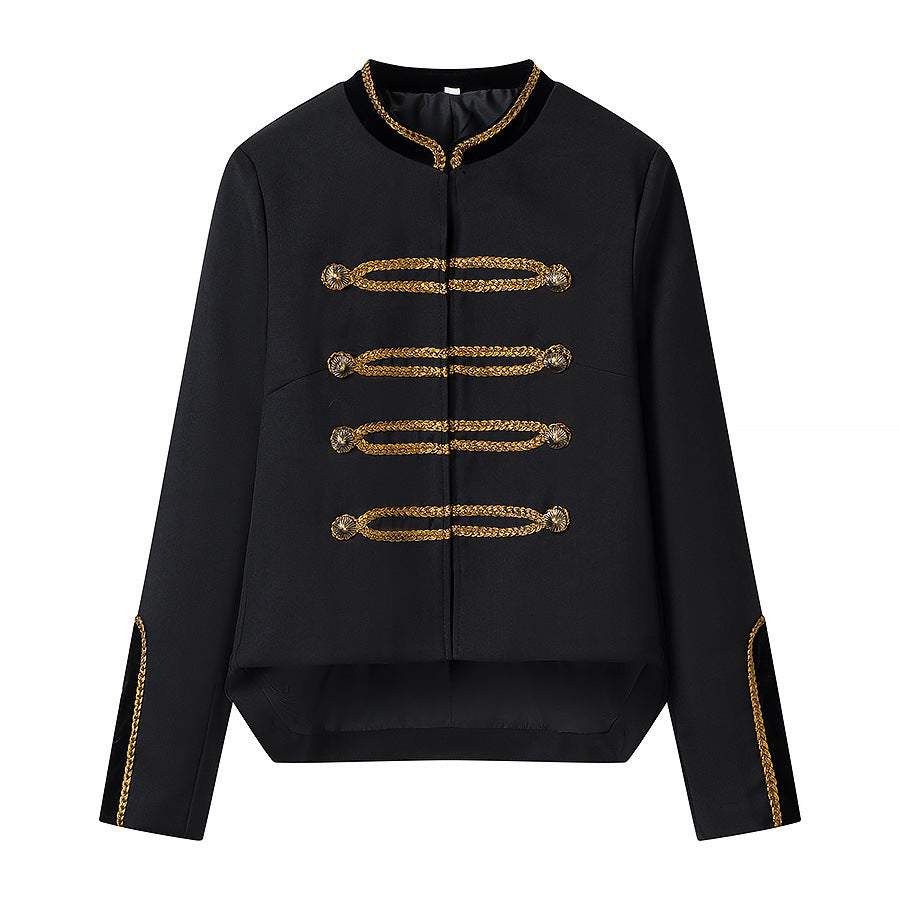 Black military-style jacket with gold braided trim, decorative buttons, and an asymmetric hem, front view.