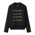 Black military-style jacket with gold braided trim, decorative buttons, and an asymmetric hem, front view.