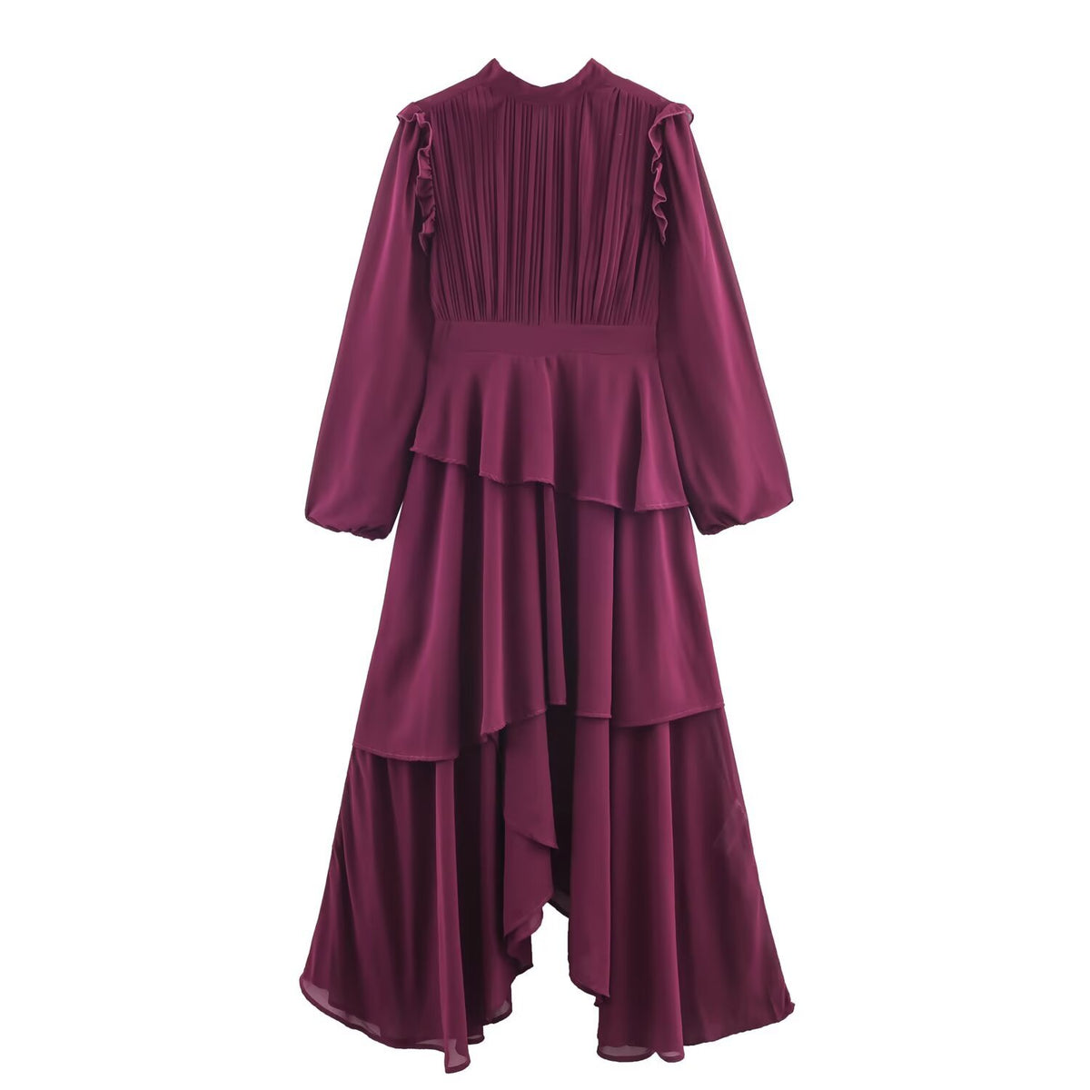 Burgundy long-sleeve dress with a pleated bodice, shoulder ruffles, and tiered asymmetric skirt, front view.