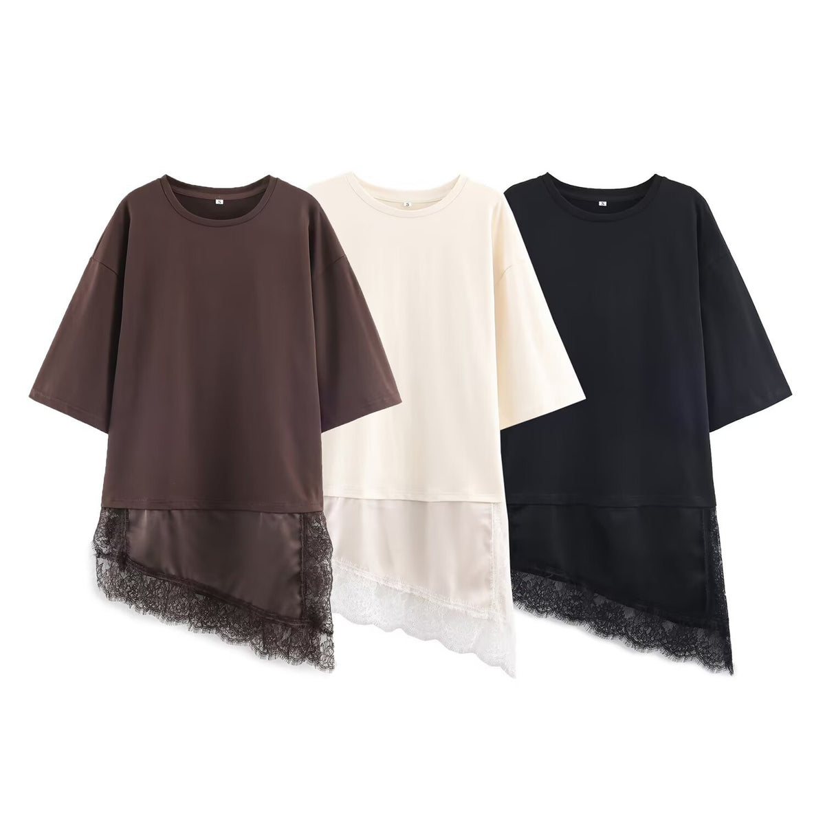 Brown, ivory, and black short-sleeve T-shirts with asymmetric sheer lace-trimmed hems, displayed together.