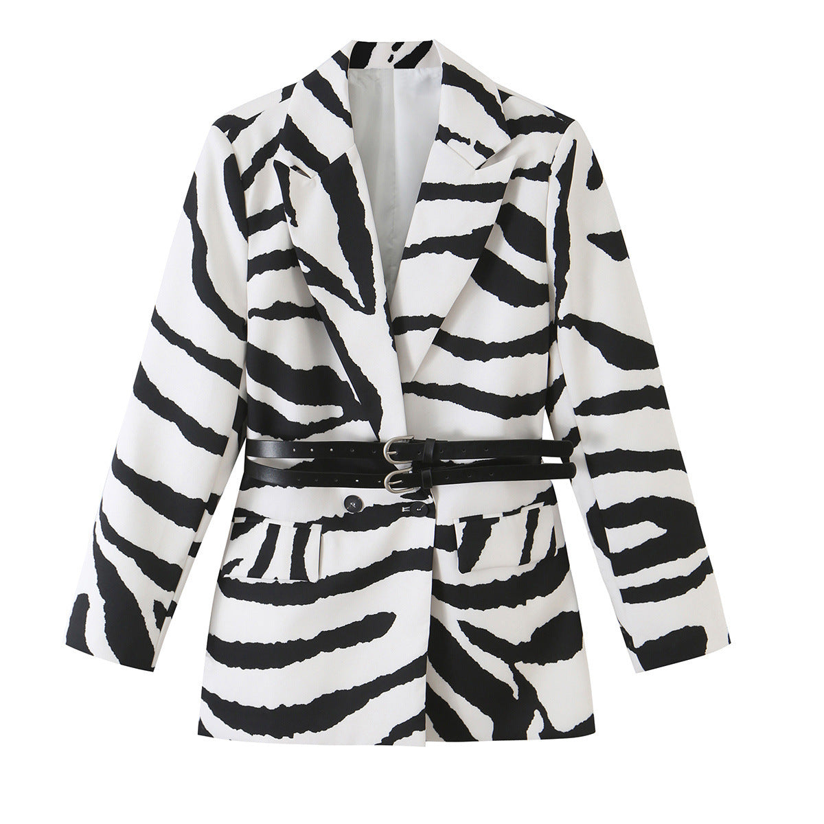 Black and white zebra-print blazer with notched lapels and two black buckle waist straps, front view.