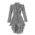 Black and white striped tailcoat with long sleeves, a fitted waist, and a high-low hem, front view.