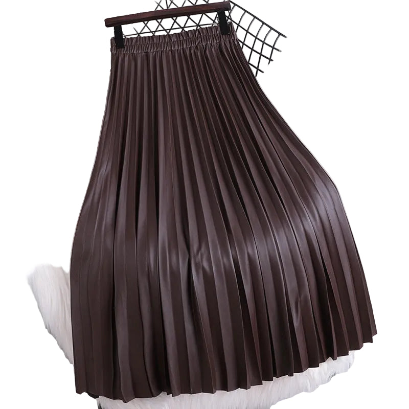 Dark brown pleated midi skirt with a gathered elastic waistband, hanging view.