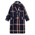 Navy textured plaid coat with white and red stripes, notched lapels, and front flap pockets, front view.