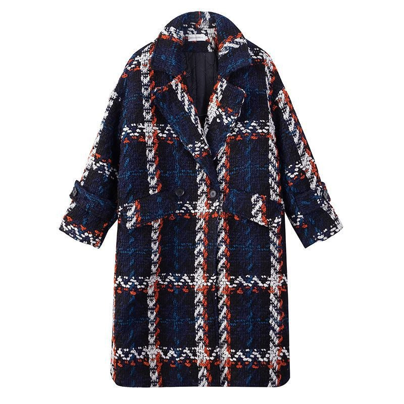 Navy textured plaid coat with white and red stripes, notched lapels, and front flap pockets, front view.
