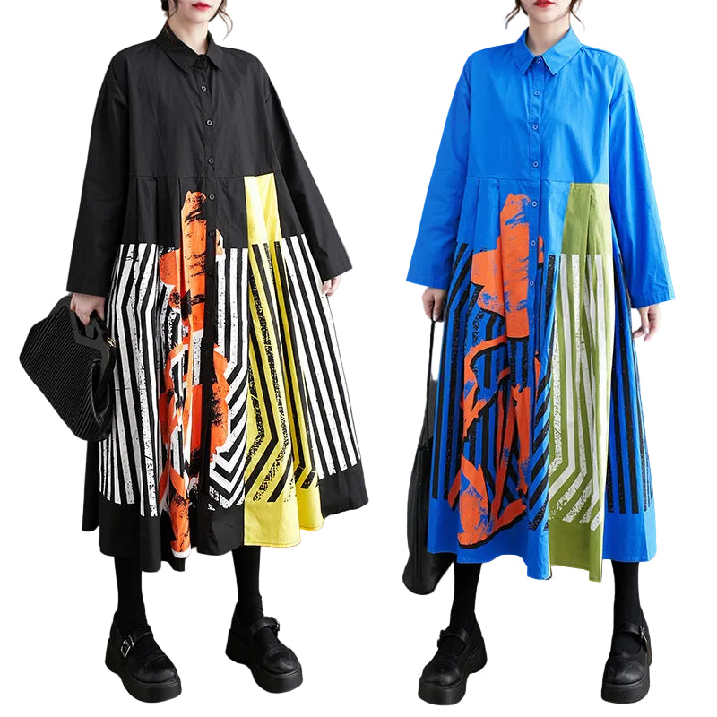 Models wearing black and blue shirt dresses with striped skirts and orange and yellow-green abstract panels.